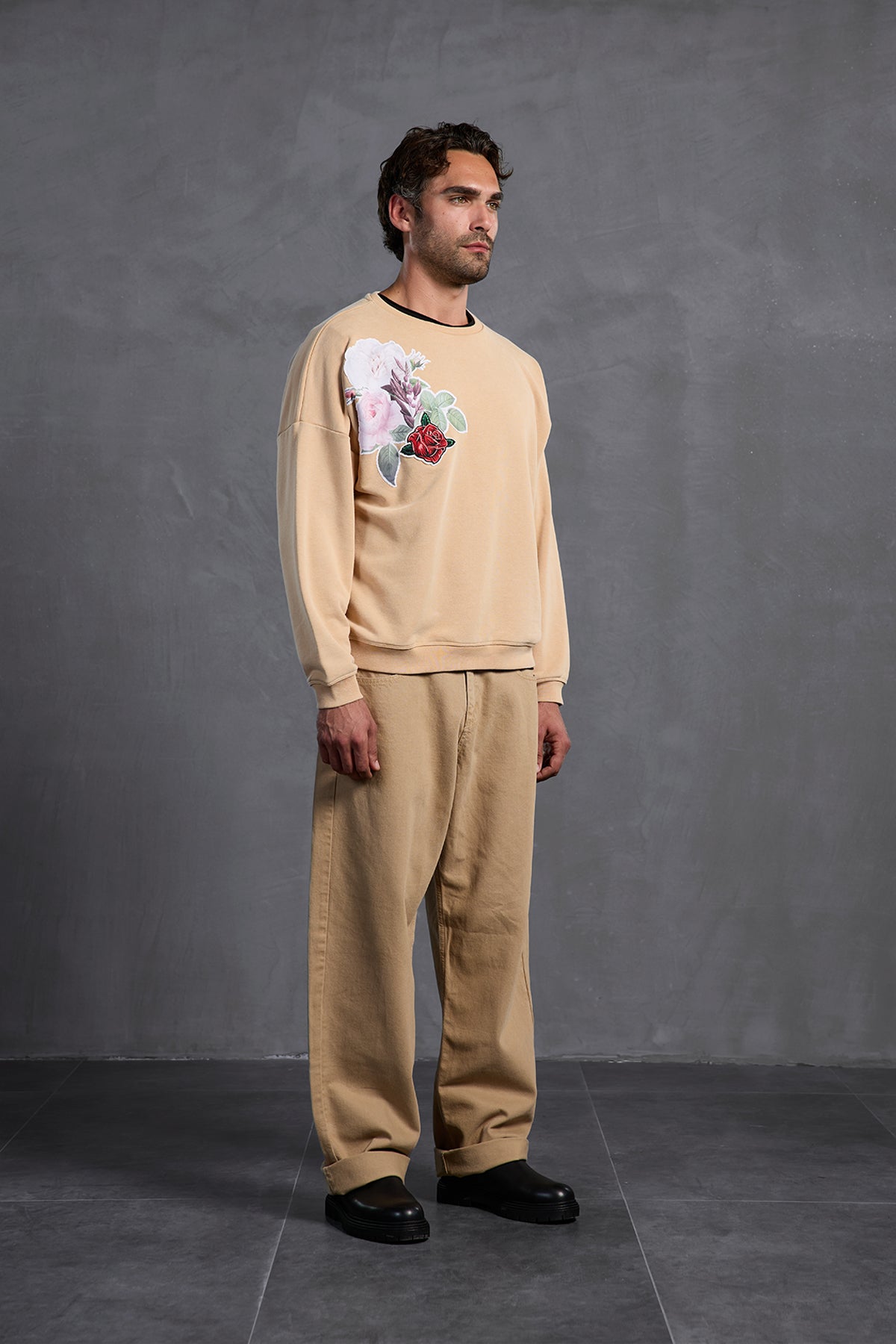 Bej Sıfır Yaka Baskılı Sweatshirt 10001