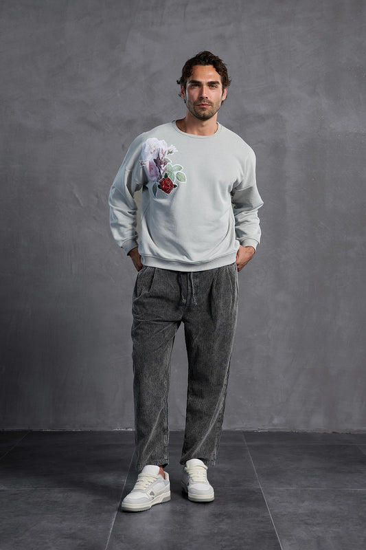 Gri Sıfır Yaka Baskılı Sweatshirt 10001