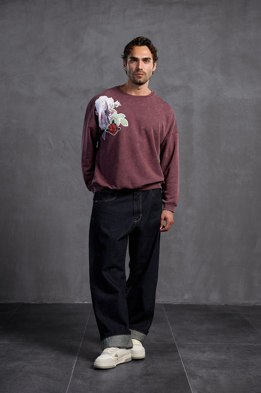 Bordo Sıfır Yaka Baskılı Sweatshirt 10001