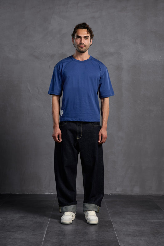 Mavi Sıfır Yaka Arkası Baskılı T-Shirt 10010