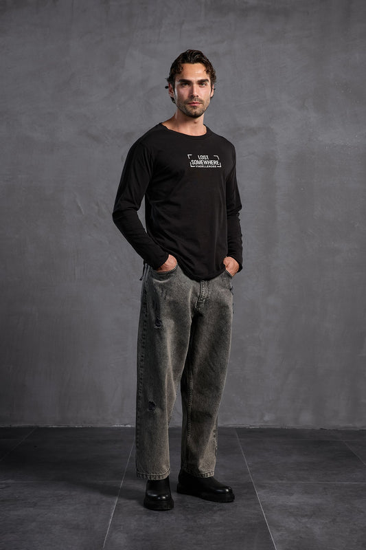 Siyah Sıfır Yaka Önü Yazılı T-Shirt 10011