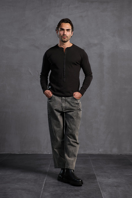 Siyah Fitilli Önü Düğmeli T-Shirt 10025