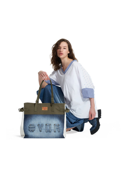 Haki Mavi Denim Detaylı Tote Çanta Ranch