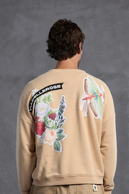 Bej Sıfır Yaka Baskılı  Sweatshirt 10001