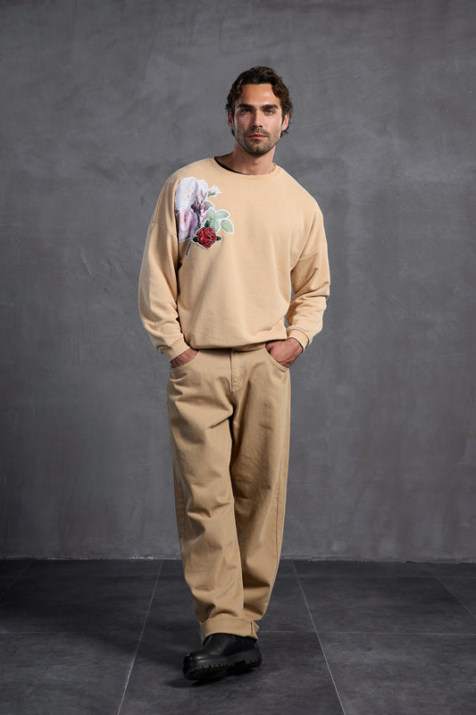 Bej Sıfır Yaka Baskılı  Sweatshirt 10001