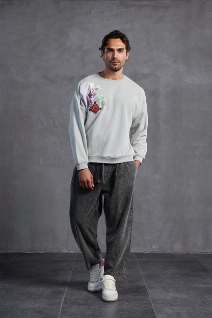 Gri Sıfır Yaka Baskılı  Sweatshirt 10001