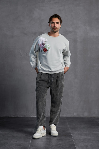Gri Sıfır Yaka Baskılı  Sweatshirt 10001