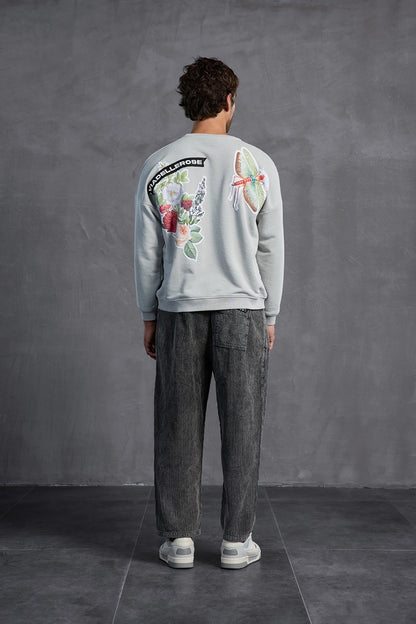 Gri Sıfır Yaka Baskılı  Sweatshirt 10001