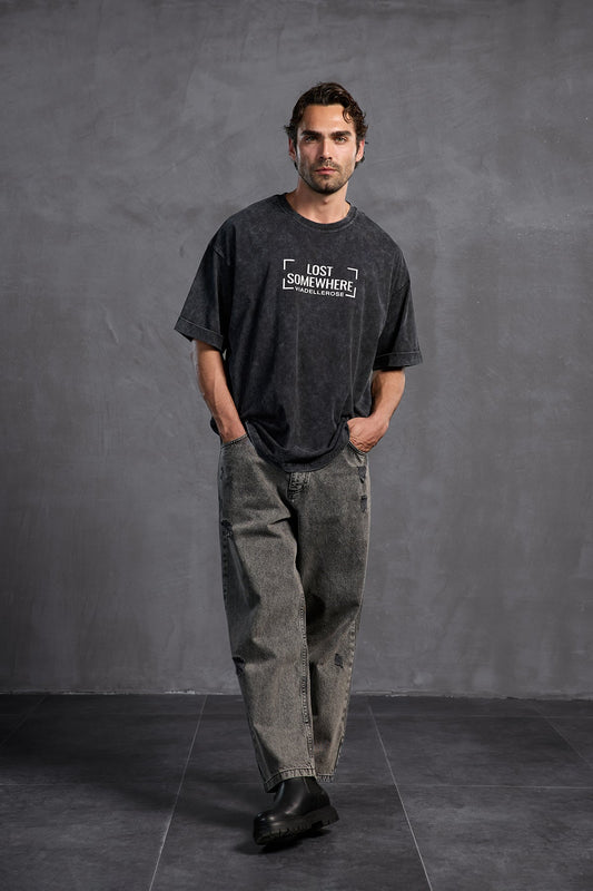 Siyah Sıfır Yaka Baskılı  T-Shirt 10006