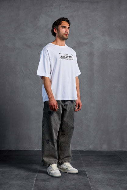 Beyaz Sıfır Yaka Baskılı  T-Shirt 10006