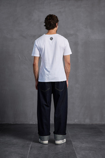 Beyaz Bisiklet Yaka Baskılı  T-Shirt 10009