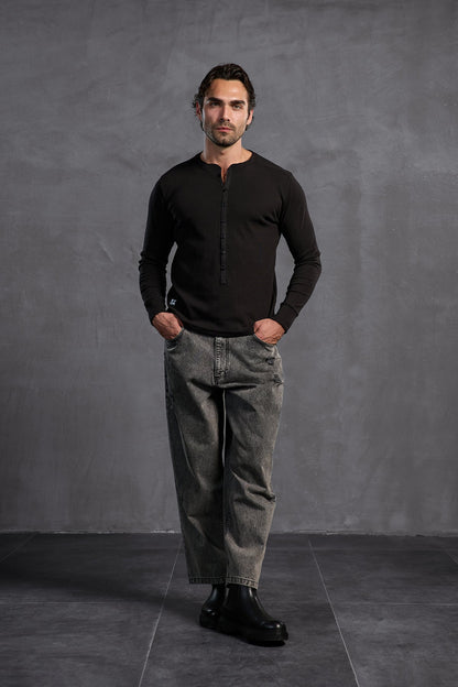 Siyah Fitilli Önü Düğmeli  T-Shirt 10025