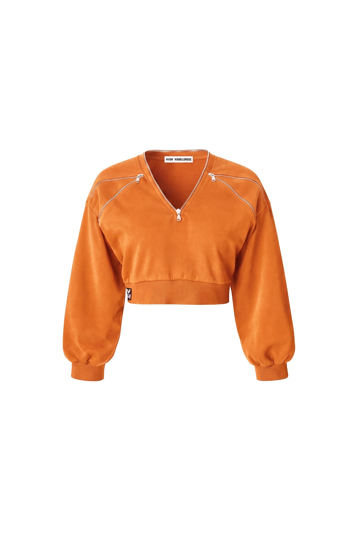 Turuncu Fermuar Detaylı V Yaka Crop Sweatshirt 19034