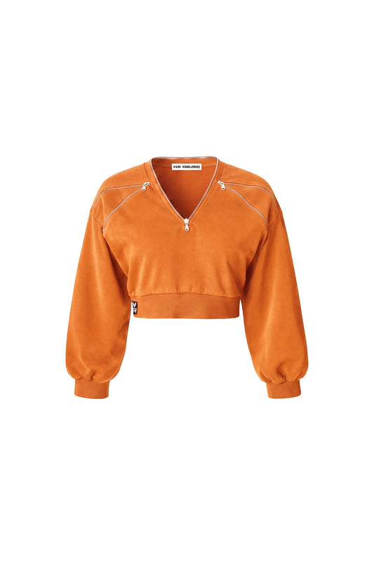Turuncu Fermuar Detaylı V Yaka Crop Sweatshirt 19034