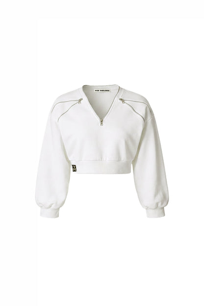 Ekru Fermuar Detaylı V Yaka Crop Sweatshirt 19034
