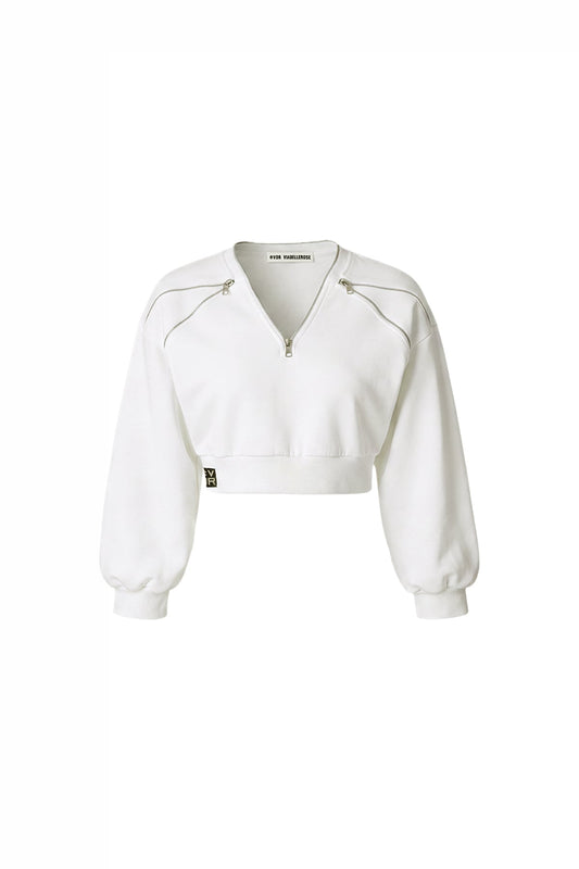 Ekru Fermuar Detaylı V Yaka Crop Sweatshirt 19034