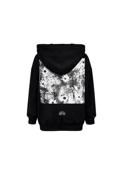 Siyah Fermuarlı Kapüşonlu Arkası Çiçek Baskılı Oversize Sweatshirt 19040