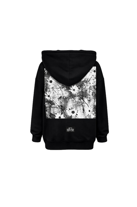 Siyah Fermuarlı Kapüşonlu Arkası Çiçek Baskılı Oversize Sweatshirt 19040
