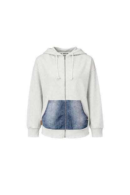 Ekru Mavi Denim Dokulu Cep Detaylı Kapüşonlu Oversize Sweatshirt 19092