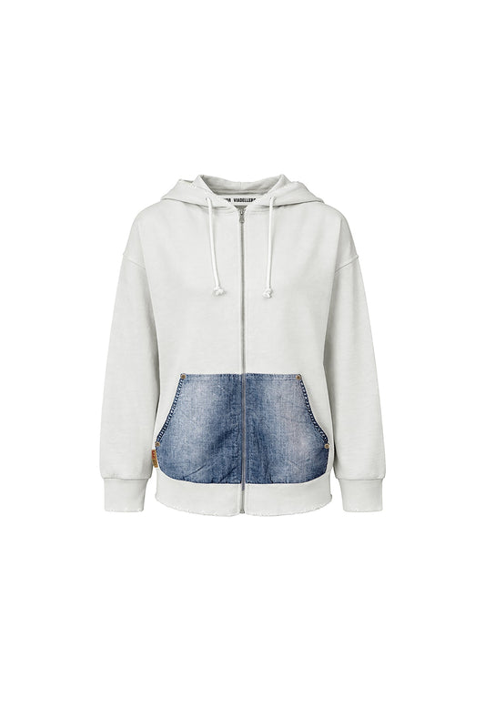 Ekru Mavi Denim Dokulu Cep Detaylı Kapüşonlu Oversize Sweatshirt 19092