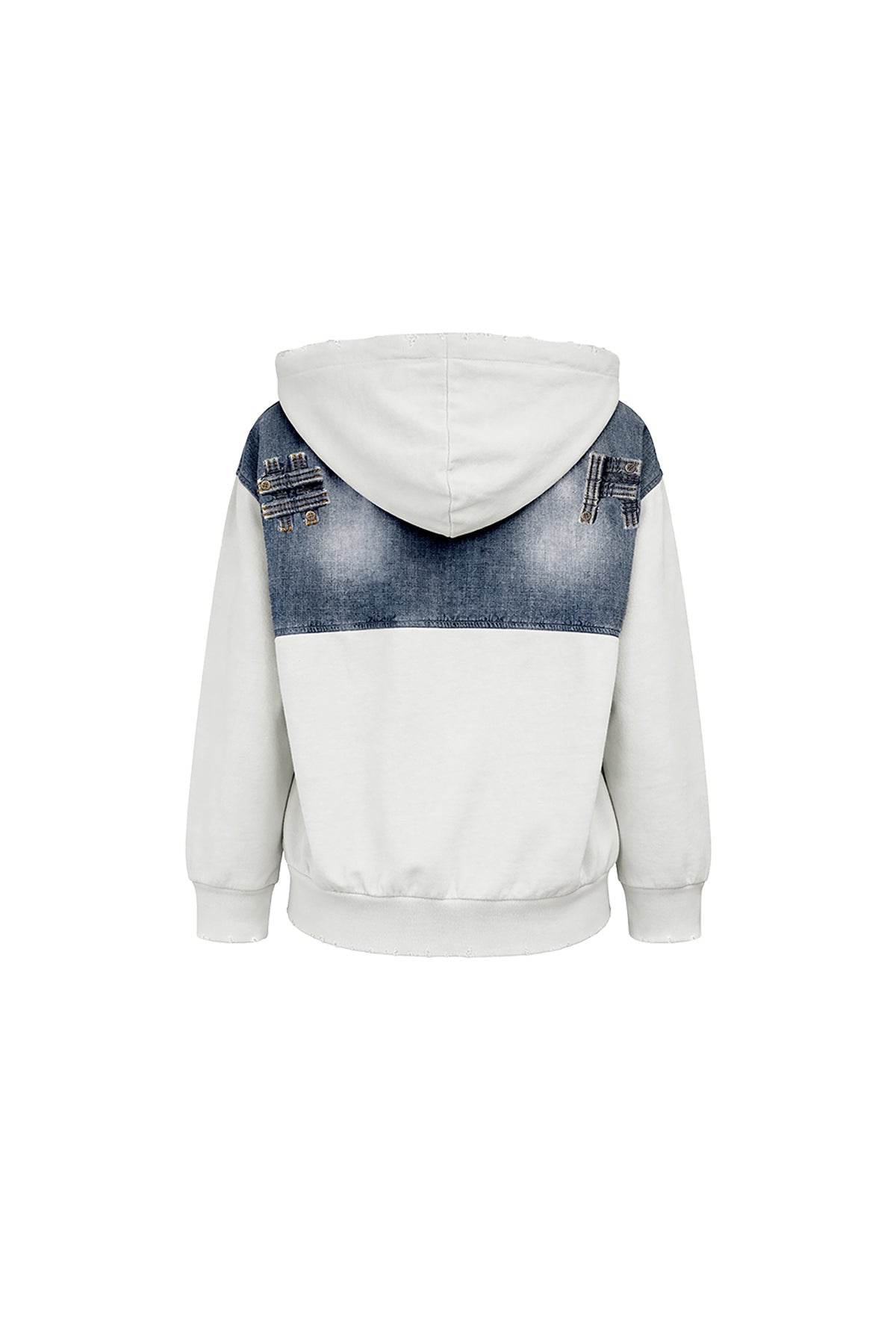 Ekru Mavi Denim Dokulu Cep Detaylı Kapüşonlu Oversize Sweatshirt 19092