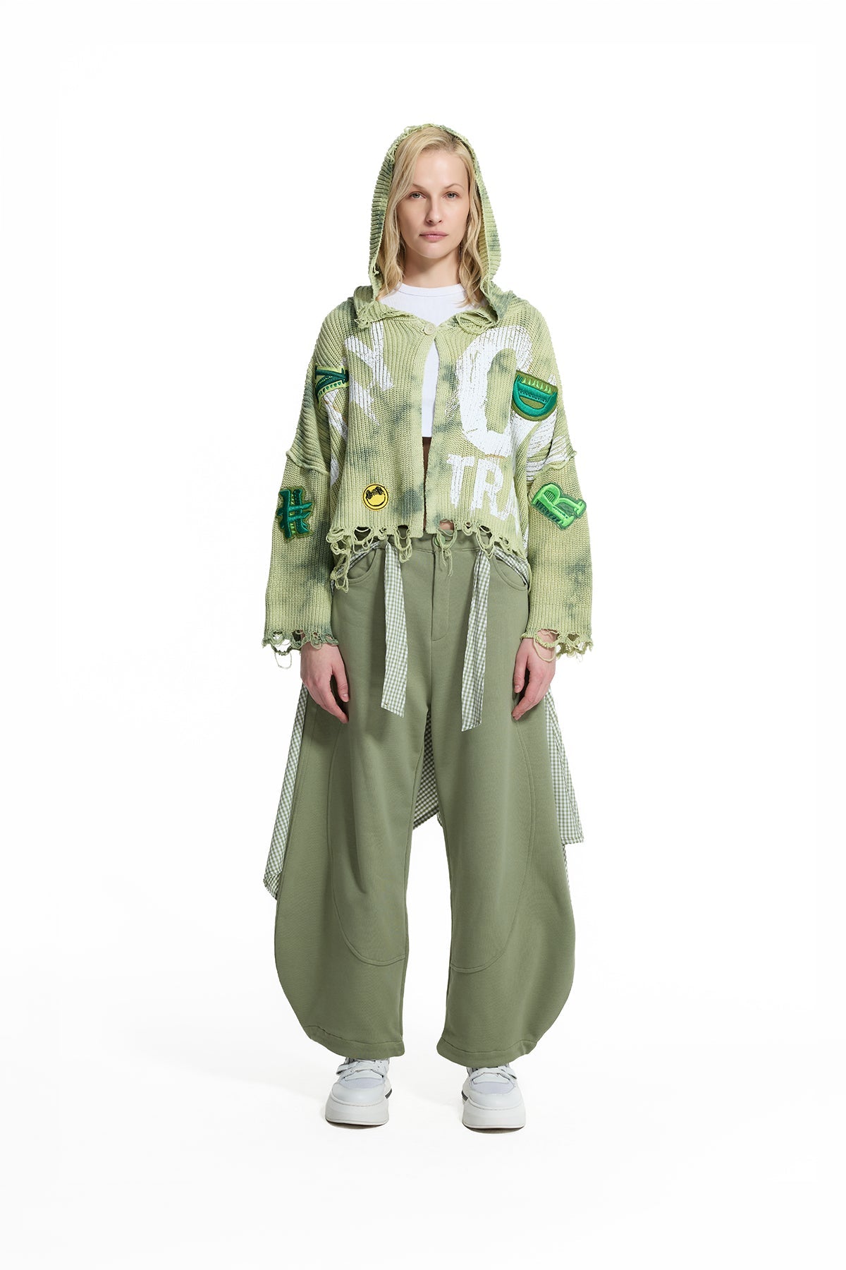 Fıstık Yeşili Patch Detaylı Crop Kazak 19159