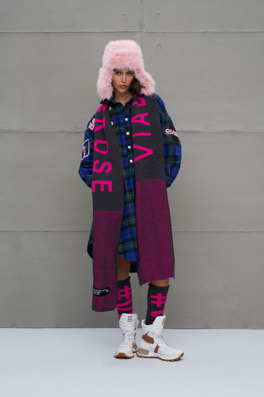 Antrasit Neon Pembe Logolu Çizgili Triko Atki 18069