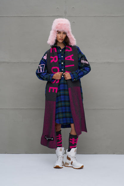 Antrasit Neon Pembe Logolu Çizgili Triko Atki 18069