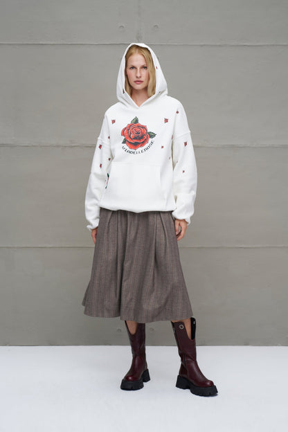 Ekru Gül Desenli Oversize Kapüsonlu Sweatshirt 18151