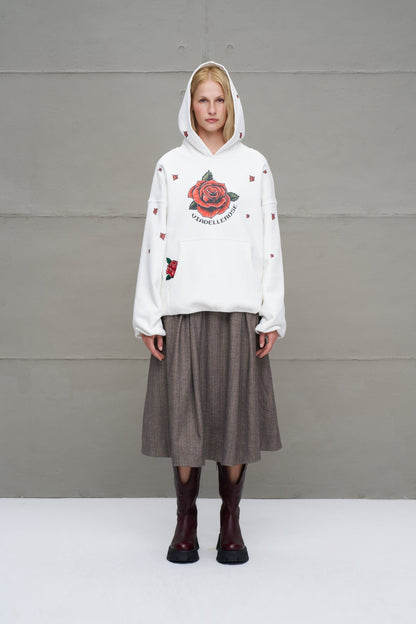 Ekru Gül Desenli Oversize Kapüsonlu Sweatshirt 18151