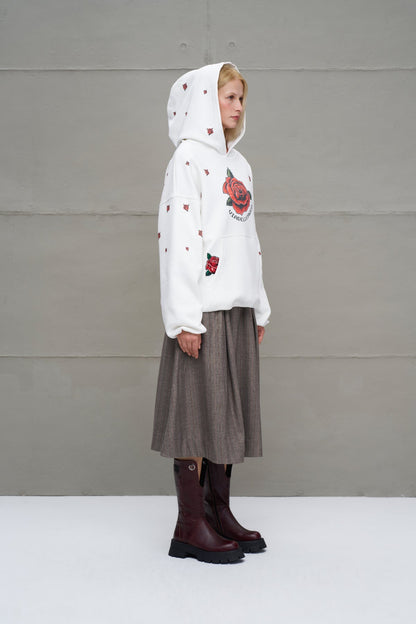 Ekru Gül Desenli Oversize Kapüsonlu Sweatshirt 18151
