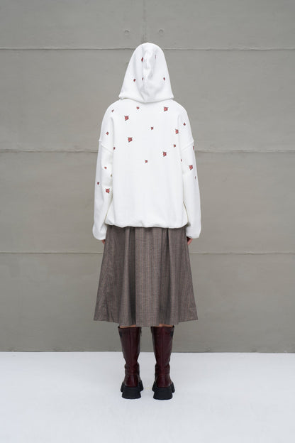 Ekru Gül Desenli Oversize Kapüsonlu Sweatshirt 18151